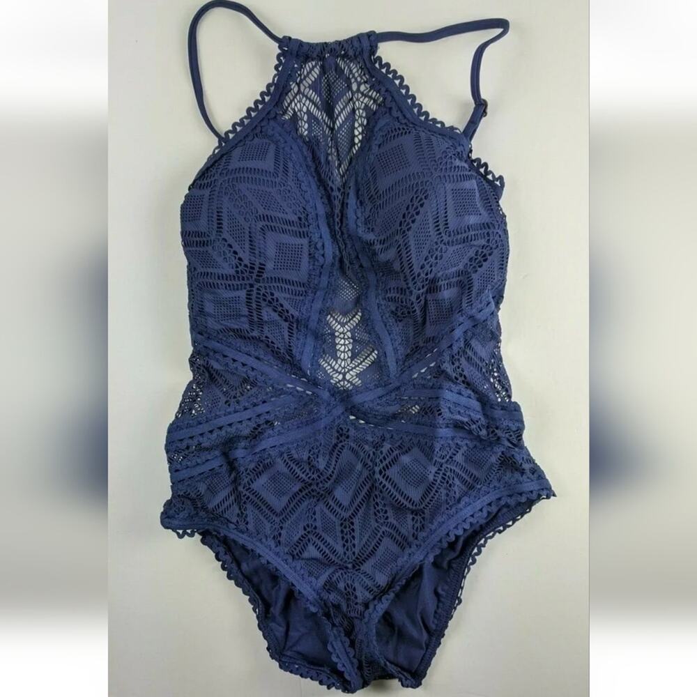 Becca Aurora Crochet One-Piece Swimsuit, Navy, Women's Small